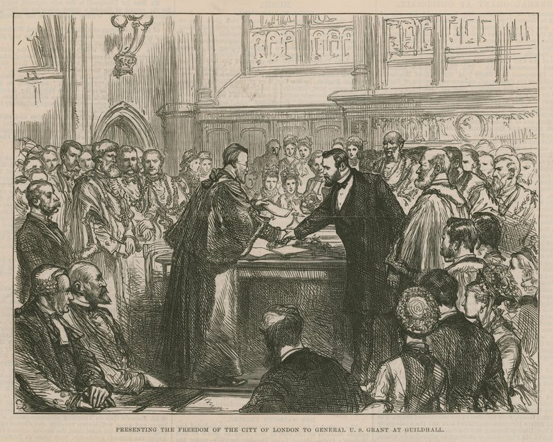 Het aanbieden van de vrijheid van de stad Londen aan Generaal U S Grant in Guildhall door English School