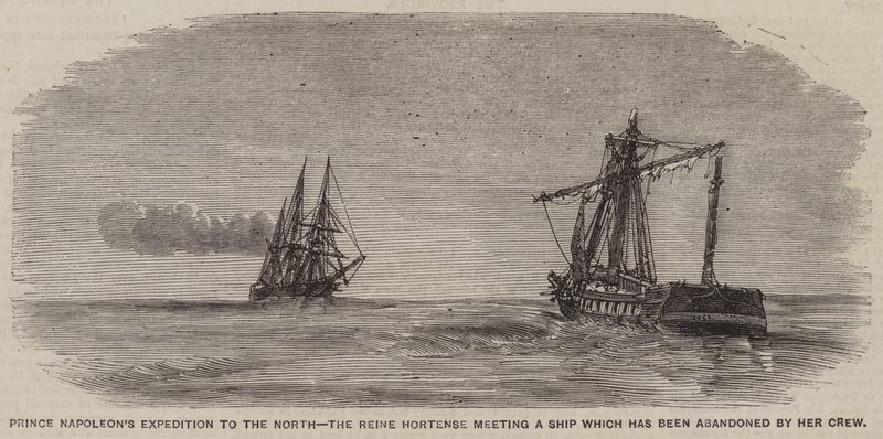 Expeditie van prins Napoleon naar het noorden, de Reine Hortense ontmoet een schip dat door haar bemanning is verlaten (gravure) door English School