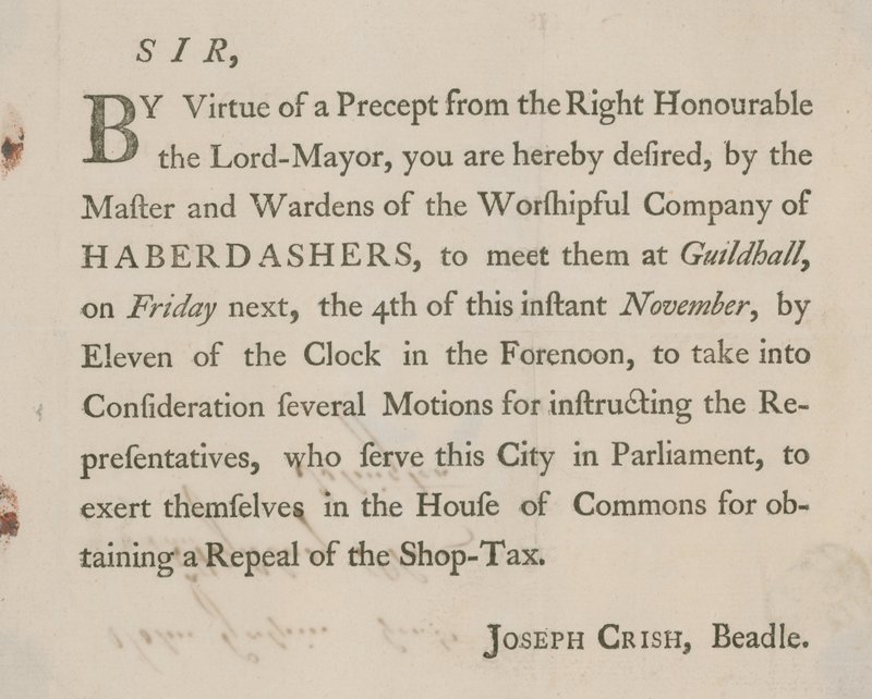 Gedrukte brief van Joseph Crish, Beadle van Guildhall, Londen door English School