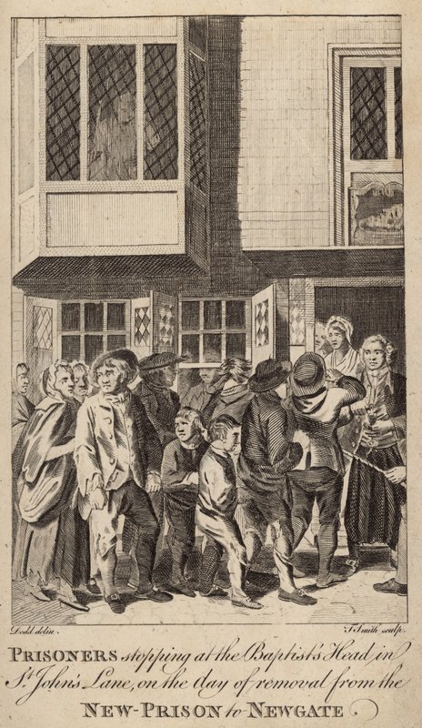 Gevangenen stoppen bij het Baptists Head in St Johns Lane door English School