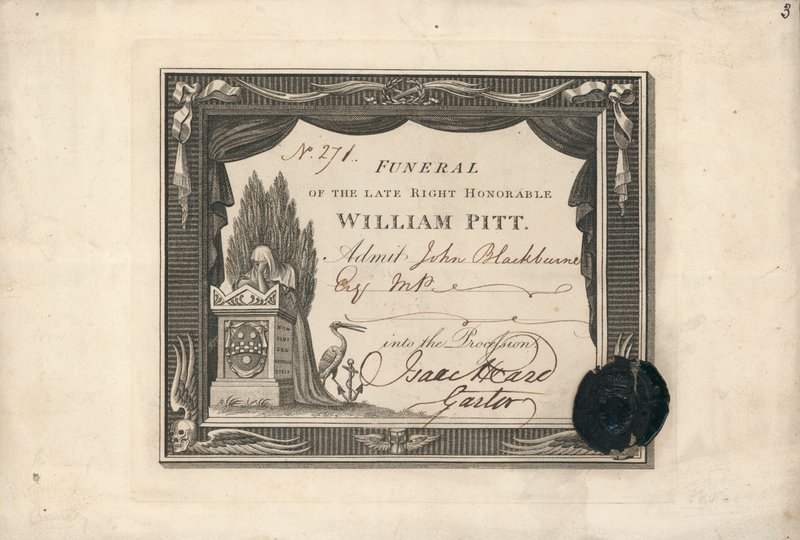 Toegangskaart voor de begrafenis van William Pitt door English School