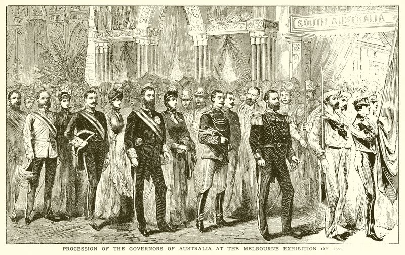 Processie van de Gouverneurs van Australië bij de Melbourne-tentoonstelling van 1888 door English School