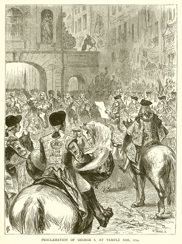 Proclamatie van George I bij Temple Bar, 1714 door English School