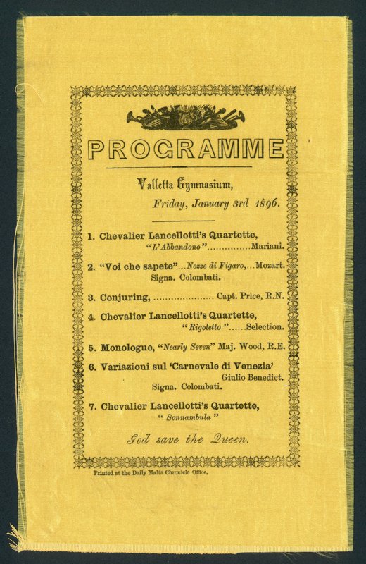 Programma voor het Valletta Gymnasium, 3 januari 1896 (prent) door English School