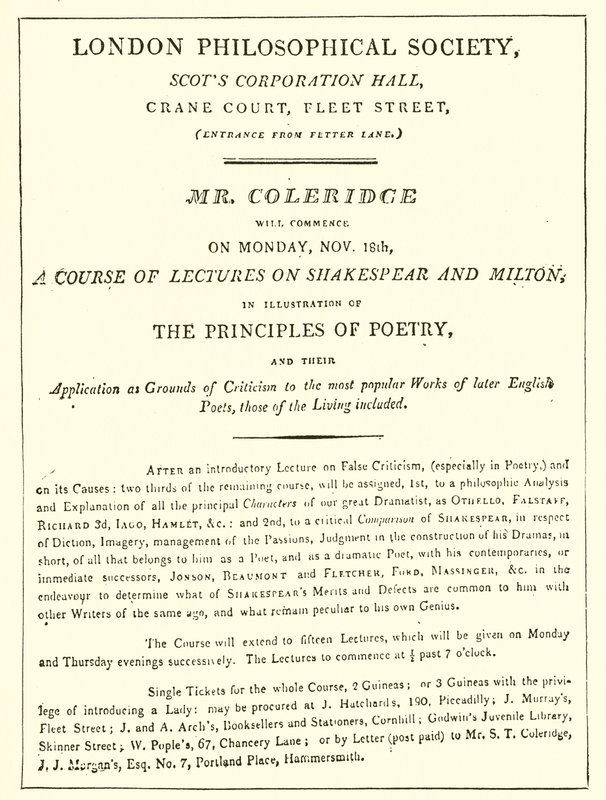 Programma van Coleridges lezingen van 1808 door English School