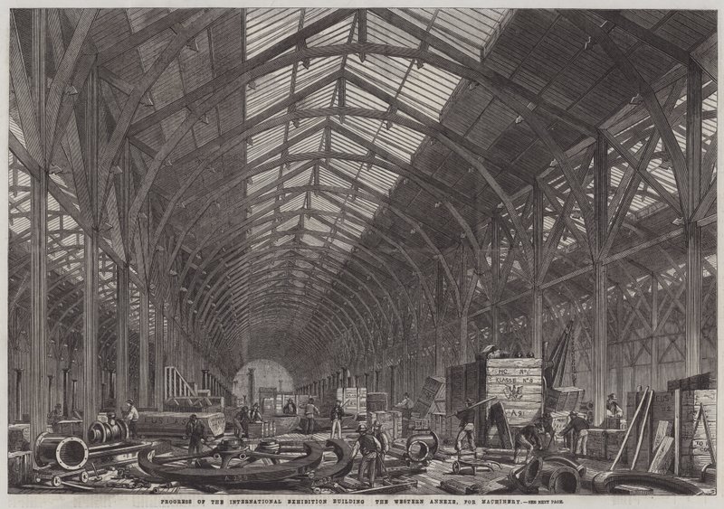 Voortgang van het International Exhibition Building, de westelijke bijlage voor machines door English School