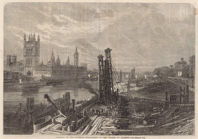 Voortgang van de zuidelijke Embankment van de Thames bij Lambeth door English School