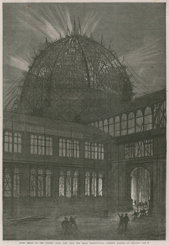 Voortgang op het Internationale Tentoonstellingsgebouw; Nacht effect van de westelijke koepel door English School