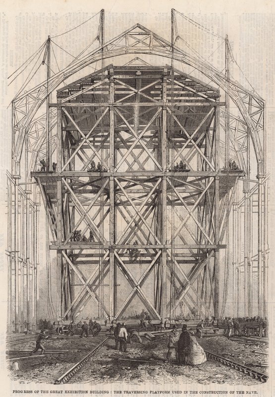 Voortgang op het Internationale Tentoonstellingsgebouw; Het verplaatsbare platform gebruikt bij de bouw van het schip door English School