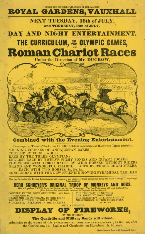 Promotiefolder voor The Curriculum; of, De Olympische Spelen en Romeinse Wagenrace in Koninklijke Tuinen, Vauxhall, Londen door English School