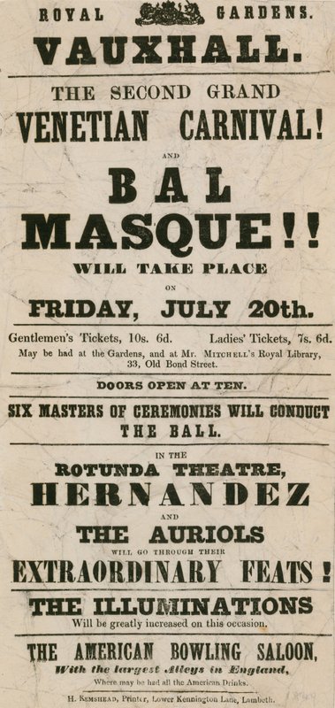 Promotiefolder voor het Tweede Grote Venetiaanse Carnaval en Bal Masque in Koninklijke Tuinen, Vauxhall, Londen door English School