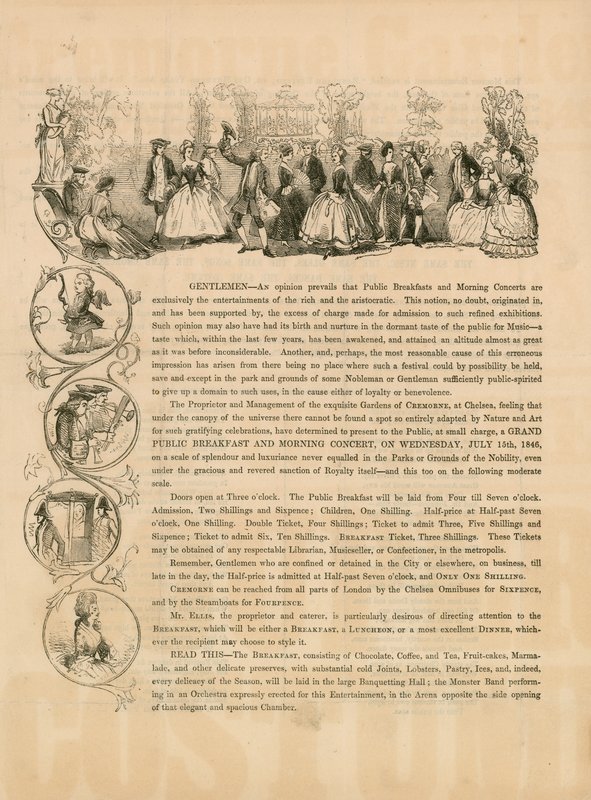 Promotiefolder voor een groot openbaar ontbijt en ochtendconcert op 15 juli 1846 door English School