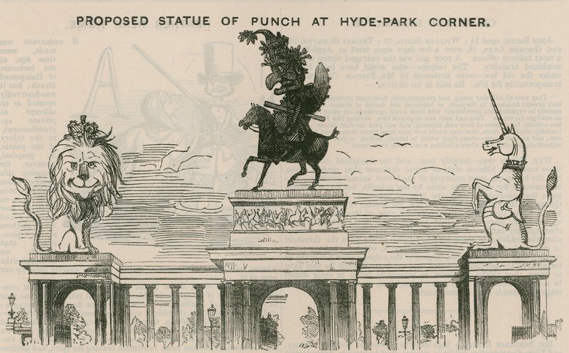 Voorgesteld standbeeld van Punch bij Hyde Park Corner door English School