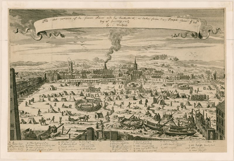 Uitzicht op de bevroren Theems, genomen vanaf de Temple-trappen op 20 januari 1715/16 door English School