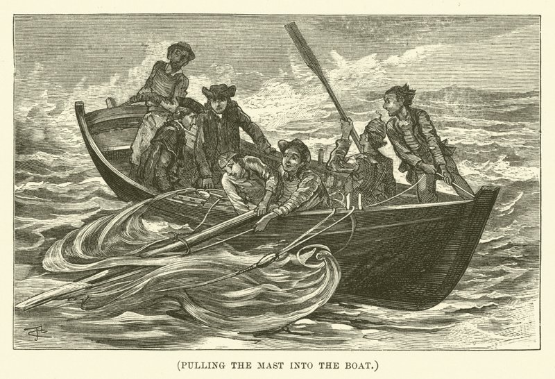 De mast in de boot trekken (gravure) door English School