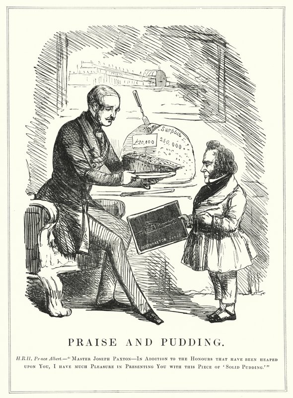 Lof en pudding: Prins Albert beloont Joseph Paxton voor het ontwerpen van het Crystal Palace om de succesvolle Grote Tentoonstelling van 1851 in Hyde Park, Londen te huisvesten door English School