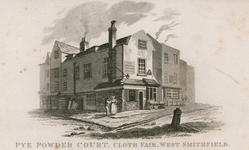 Pye Powder Court, Cloth Fair, West Smithfield, gehouden bij het teken van het Hand and Shears openbare huis door English School