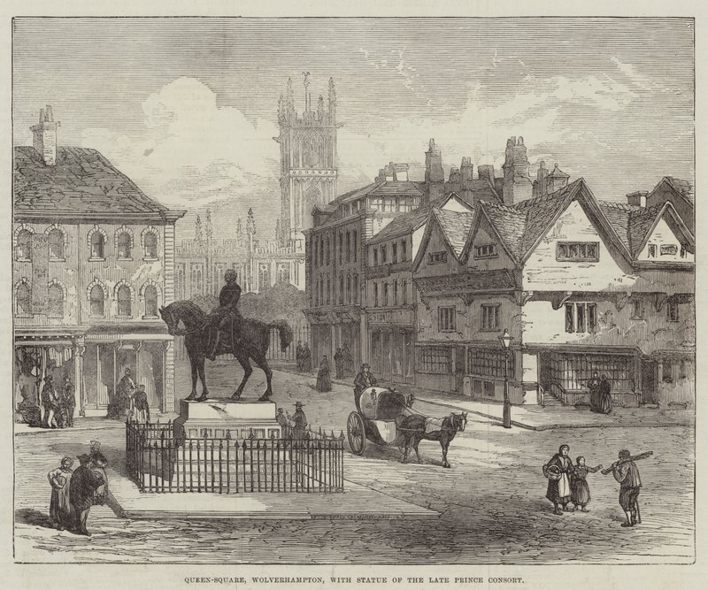 Queen-Square, Wolverhampton, met Standbeeld van de overleden Prins-Gemaal door English School