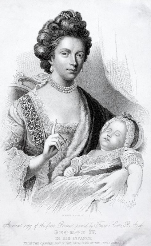 Koningin Charlotte, Gemalin van Koning George III, met hun babyzoon, de toekomstige Prins Regent en Koning George IV door English School