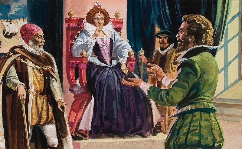 Koningin Elizabeth I (1533-1603) en Sir Francis Drake (1540-96) (gouache op papier) door English School