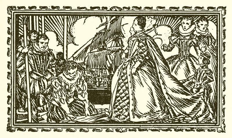 Koningin Elizabeth I en Sir Walter Raleigh door English School