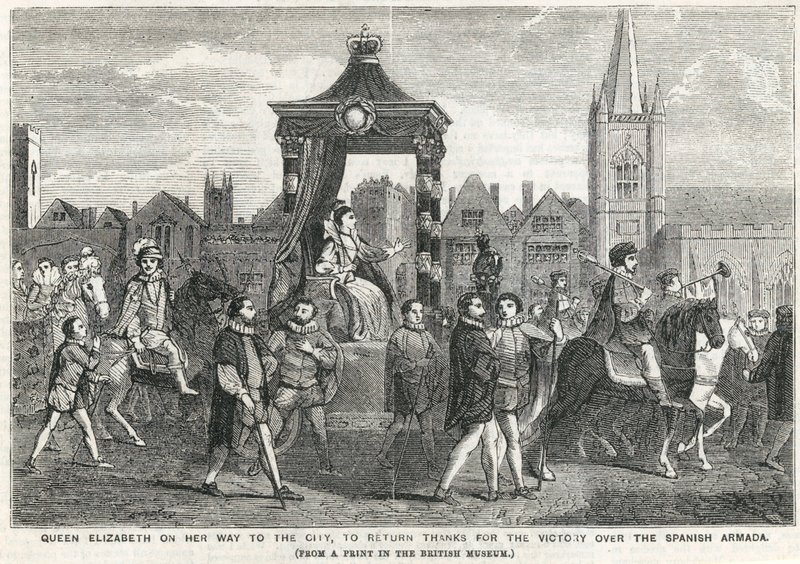 Koningin Elizabeth I op weg naar de stad om dank te betuigen voor de overwinning op de Spaanse Armada door English School