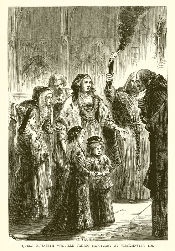 Koningin Elizabeth Wydville zoekt toevlucht in Westminster, 1471 door English School
