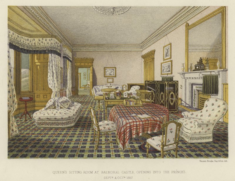 Zitkamer van koningin Victoria in Balmoral Castle, die uitkomt op de prinsen door English School