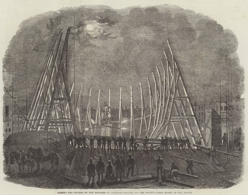 Het hijsen van de spanten van het gebouw in Leicester-Square, voor Mr Wyld