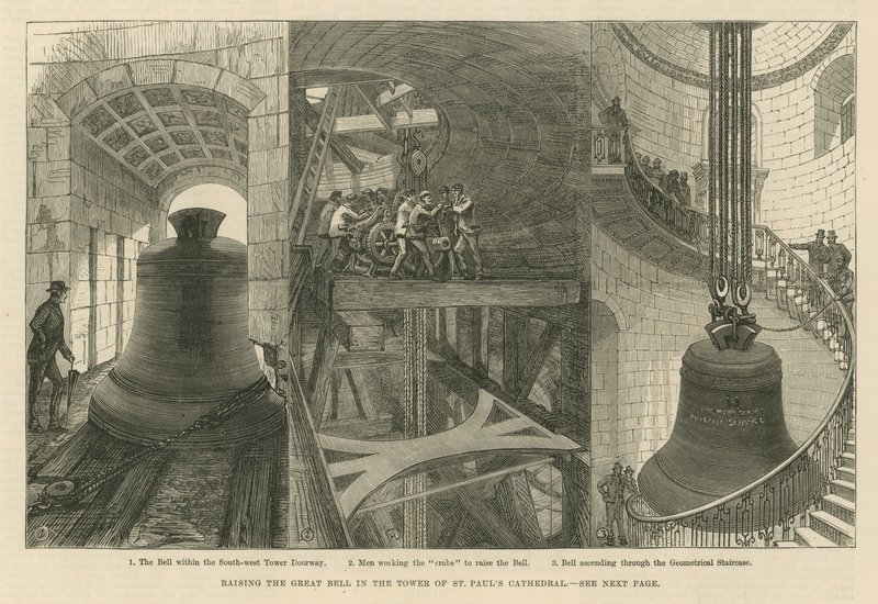 Het hijsen van de grote klok in de toren van St Paul