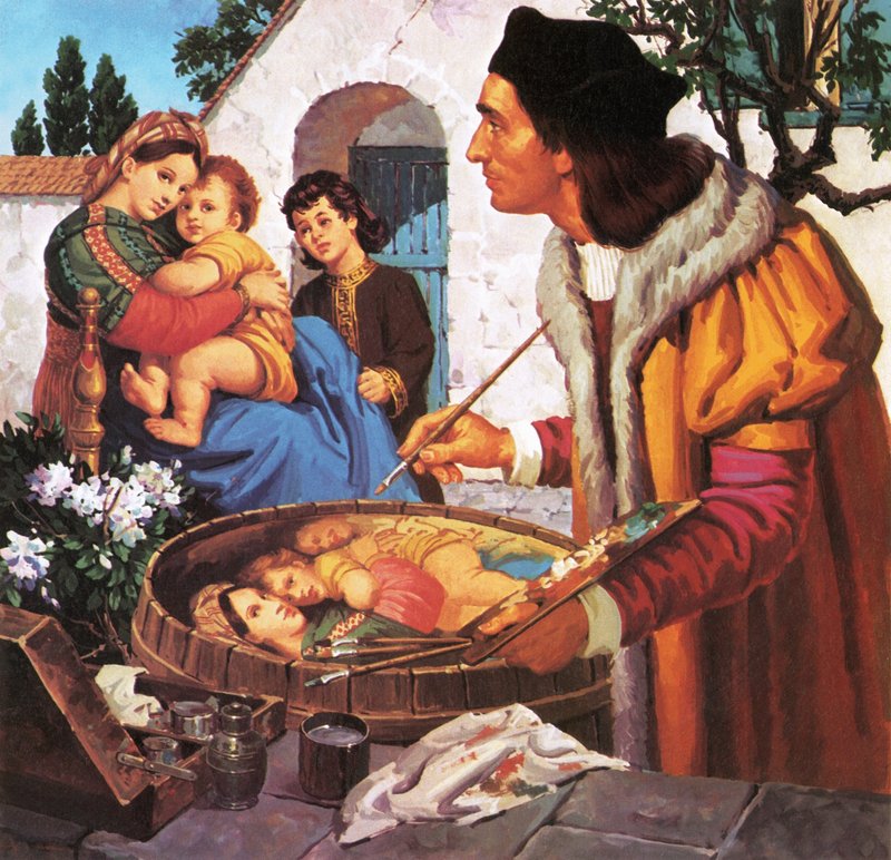 Raphael schildert madonna en kind op de bovenkant van een wijnvat door English School