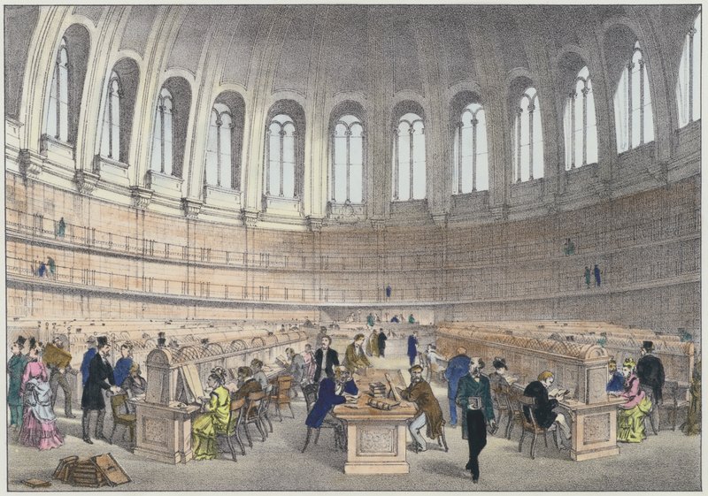Leeszaal in het British Museum, Londen (gekleurde gravure) door English School