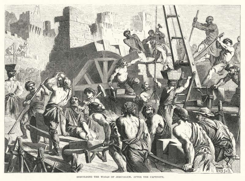 Herbouw van de muren van Jeruzalem na de ballingschap (gravure) door English School