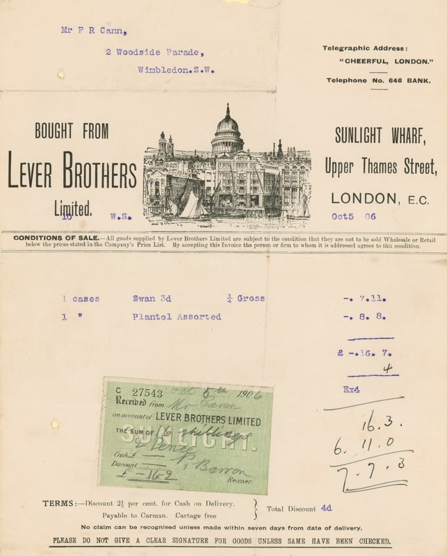 Ontvangstbewijs voor Lever Brothers Limited door English School