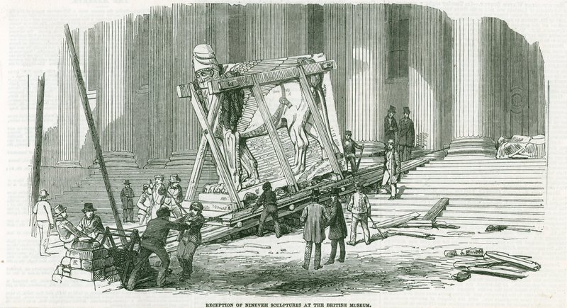Ontvangst van de beelden van Nineveh in het British Museum (gravure) door English School