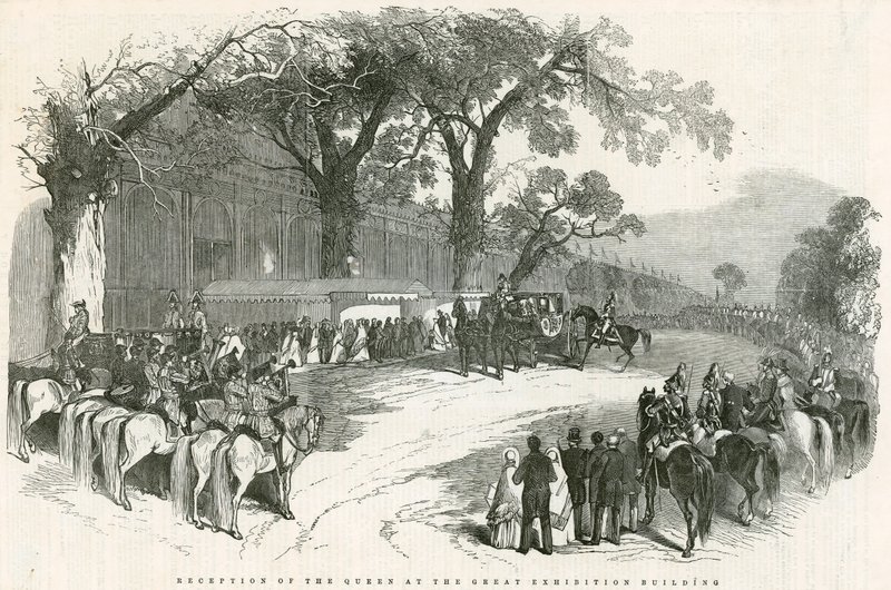 Ontvangst van de Koningin in het Grote Tentoonstellingsgebouw, Grote Tentoonstelling, 1851 door English School