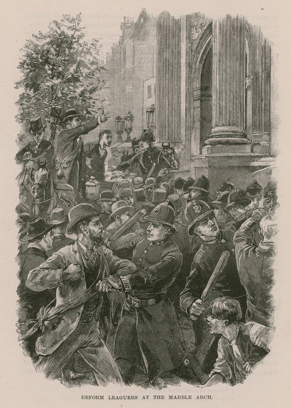 Reform League-demonstranten bij de Marble Arch, Londen (gravure) door English School