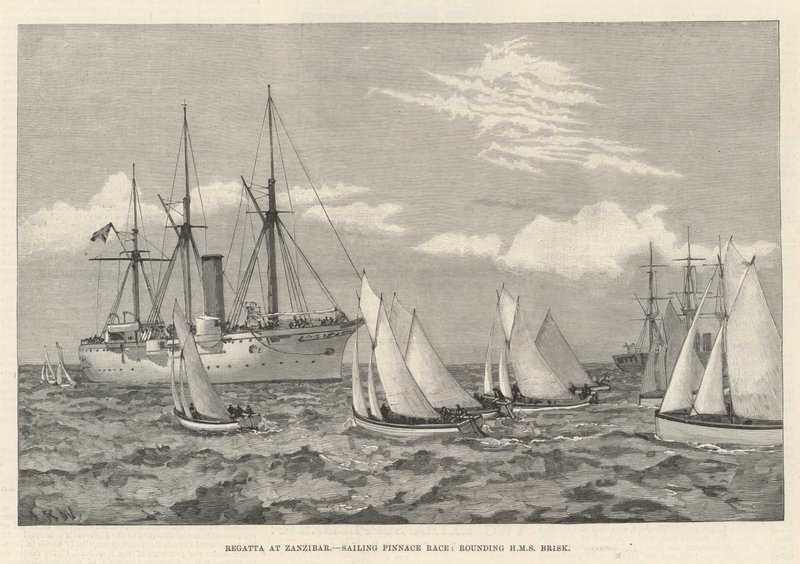 Regatta in Zanzibar, zeilwedstrijd van sloepen, rond HMS Brisk door English School