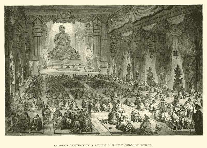 Religieuze ceremonie in een Chinese Lamasery, Boeddhistische tempel door English School