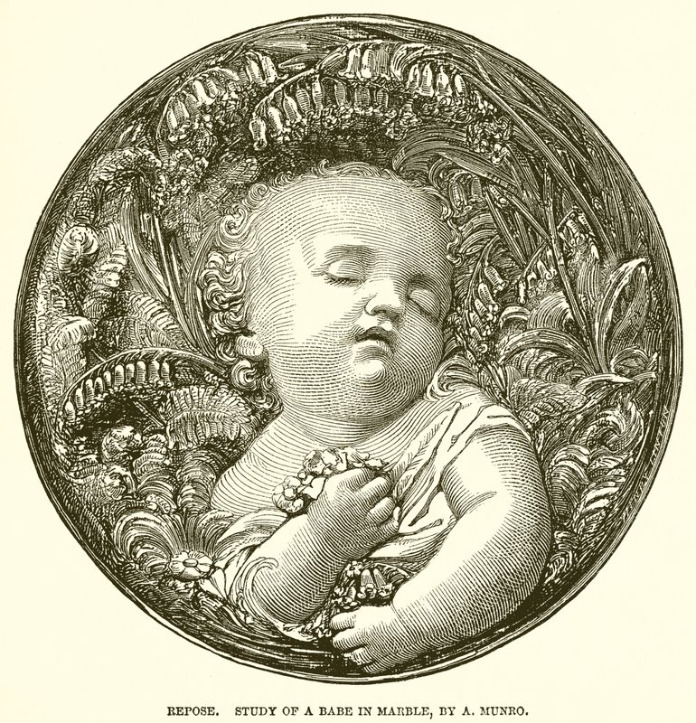 Rust. Studie van een baby in marmer, door A. Munro (gravure) door English School