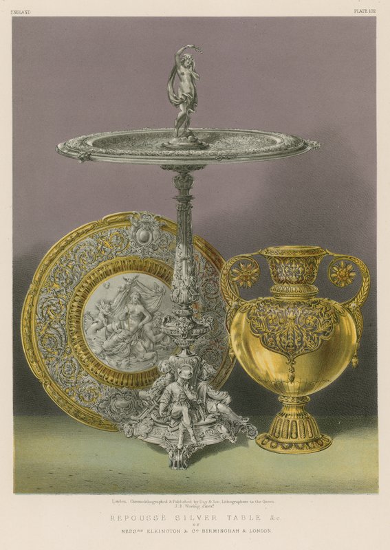Repousse Zilveren Tafel enz. door Messrs Elkington en Co, Birmingham en Londen door English School
