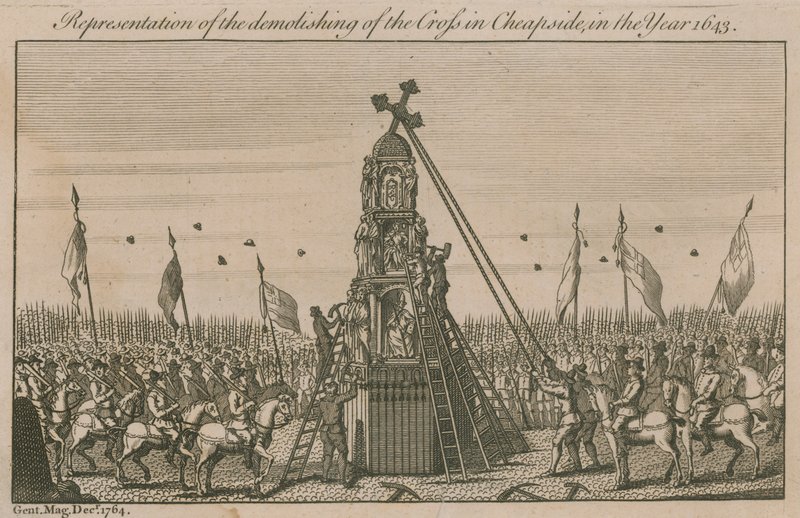 Weergave van de sloop van het kruis in Cheapside in het jaar 1643 door English School