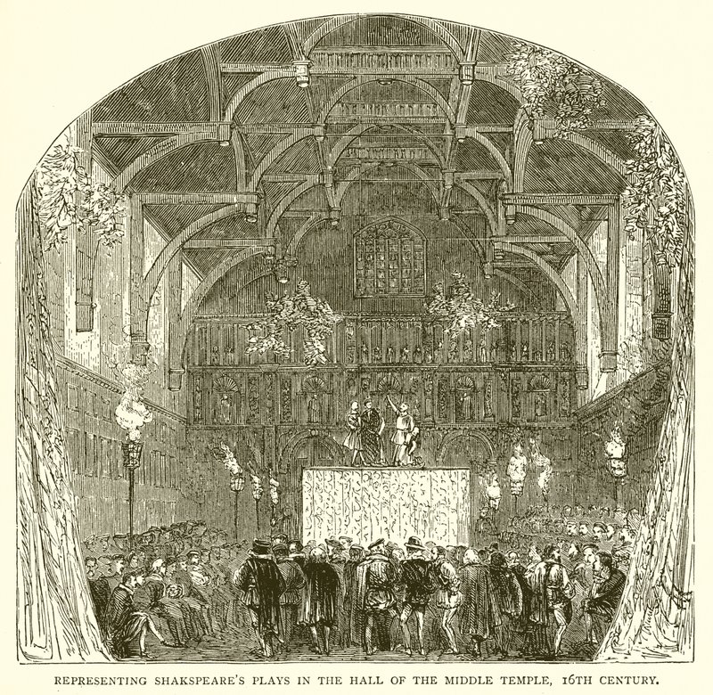 Voorstelling van Shakespeares toneelstukken in de hal van de Middle Temple, 16e eeuw door English School