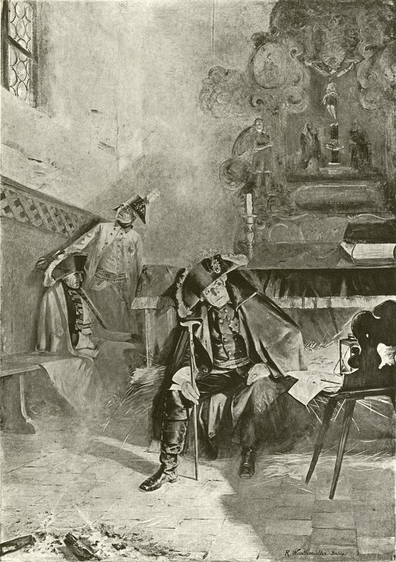 Teruggedrongen bij Torgau - Frederik wacht op de ochtend (gravure) door English School