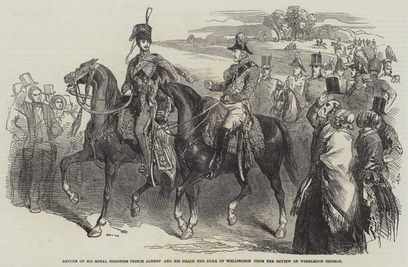 Terugkeer van Zijne Koninklijke Hoogheid Prins Albert en Zijne Genade de Hertog van Wellington van de Review op Wimbledon Common door English School