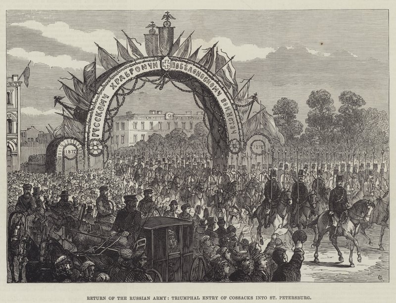 Terugkeer van het Russische leger, triomfantelijke intocht van Kozakken in Sint-Petersburg (gravure) door English School