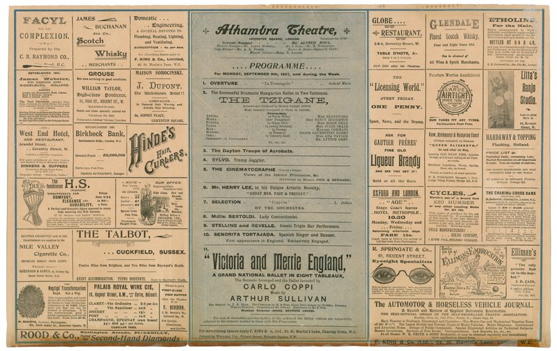 Achterzijde van een reclamefolder voor het Alhambra Theatre door English School