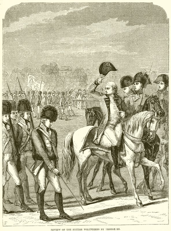 Inspectie van de Britse vrijwilligers door George III door English School