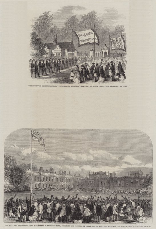 Parade van de Lancashire Rifle Volunteers in Knowsley Park (gravure) door English School