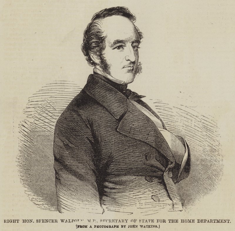 De zeer eerbiedwaardige Spencer Walpole, MP, minister van Binnenlandse Zaken (gravure) door English School